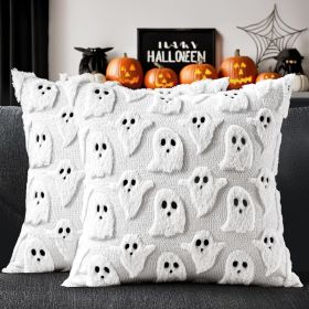 White Halloween Ghost Pillow Covers, Cute Spooky Decor, 18x18 Inch Decorative Cushion Cases (Option: WHITE)