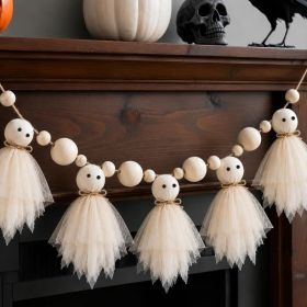 6.5 Ft Halloween Ghost Garland With Wooden Beads, Handmade Cute Ghost Decorations For Mantel, Wall, Door, Shelf & Party Decor (Option: WHITE)